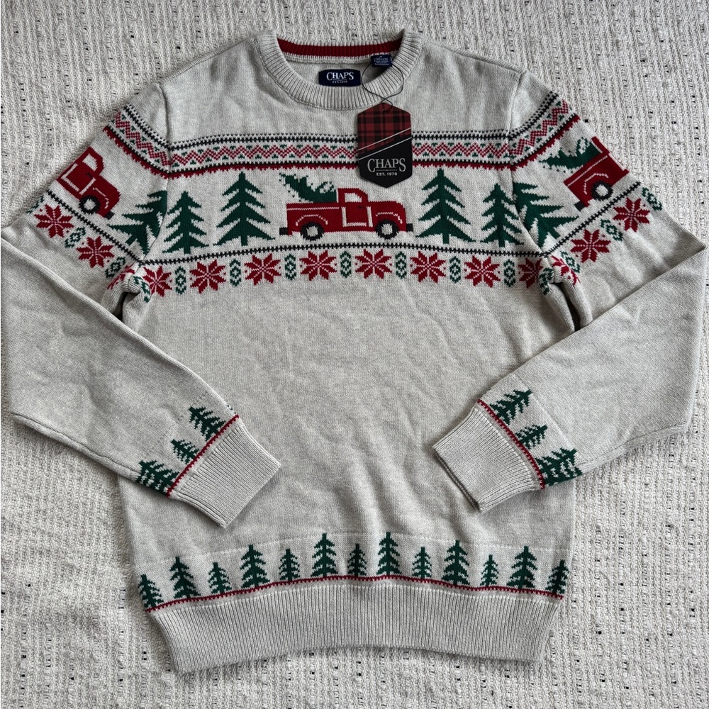 NWT Chaps Red Truck Christmas Sweater Gray Fair Isle Holiday Tree Men’s Medium